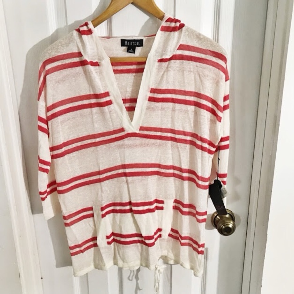 Sisters Knit Womens Sweater Hoodie Size S White Red Stripes New NWT V Neck
